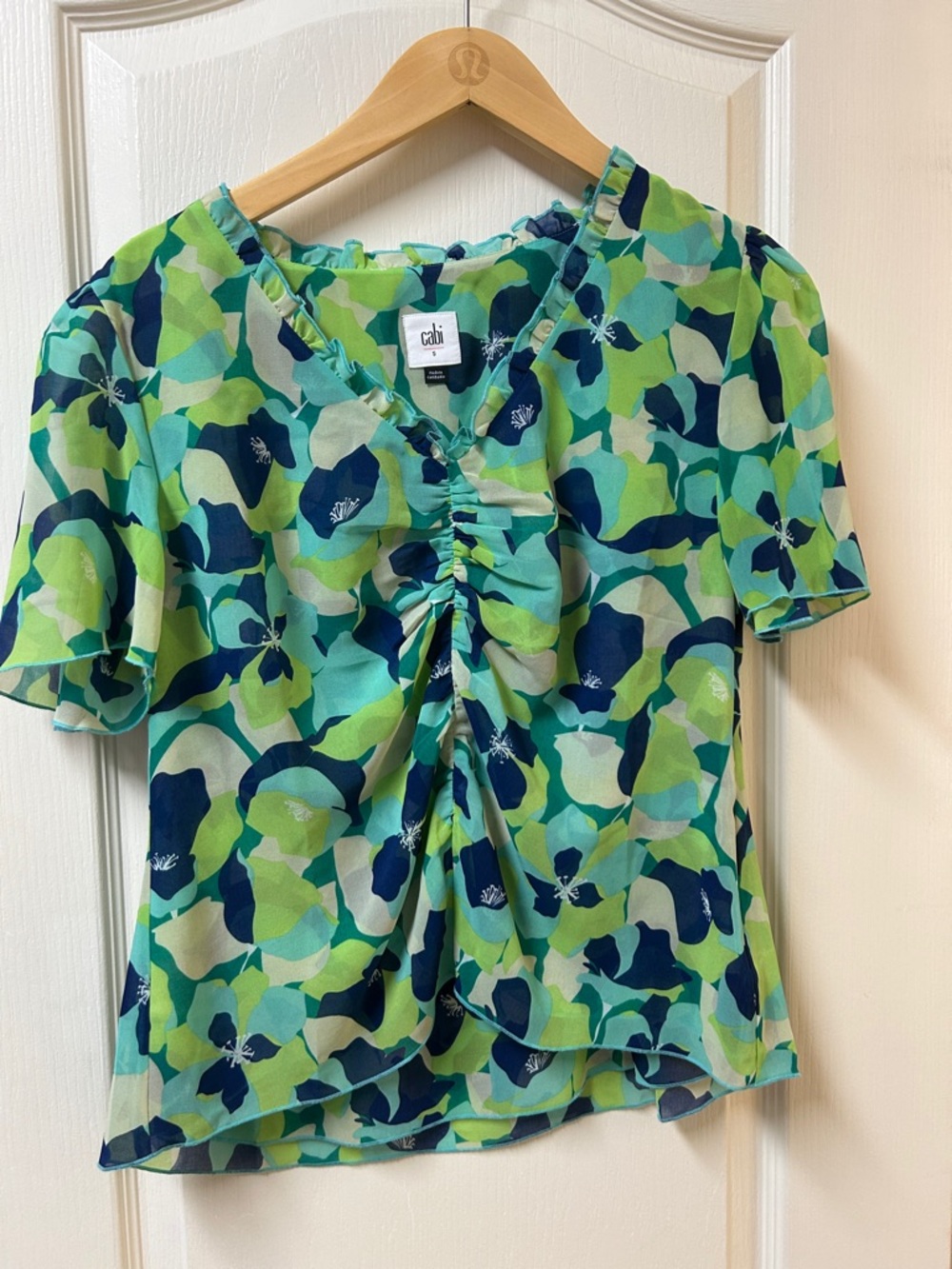 CAbi Green and Blue Floral Ruched V-Neck Blouse